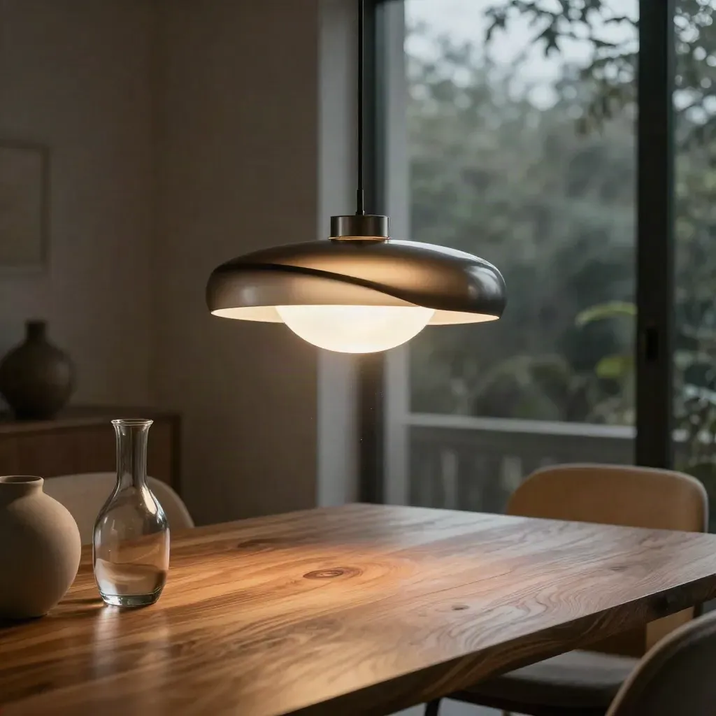 Lampadario a sospensione in vetro fumé su tavolo in rovere con sedie e brocca sfocata.