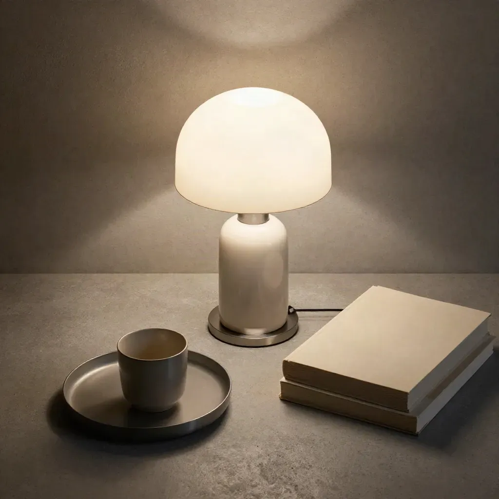 Lampada da tavolo Alba su cemento con libri, vassoio e tazza neutra