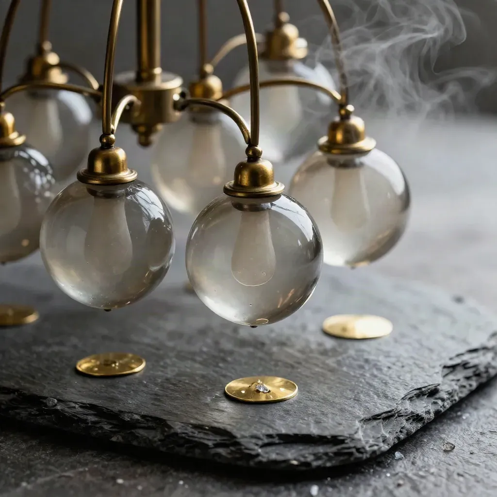 Lampadario in vetro fumé e ottone su pietra bagnata con riflessi metallici