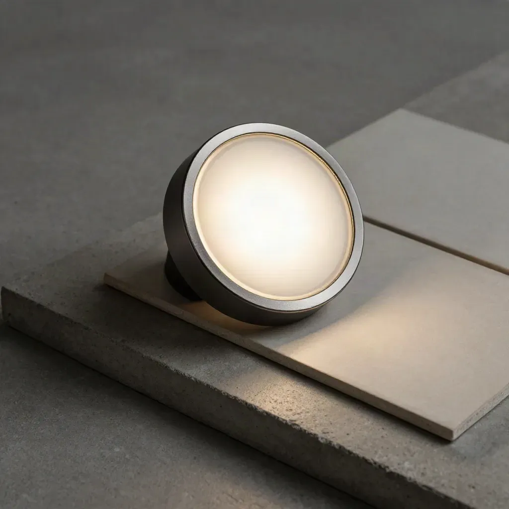 Plafoniera LED circolare scura su cemento con campioni ceramici neutri e luce radente.