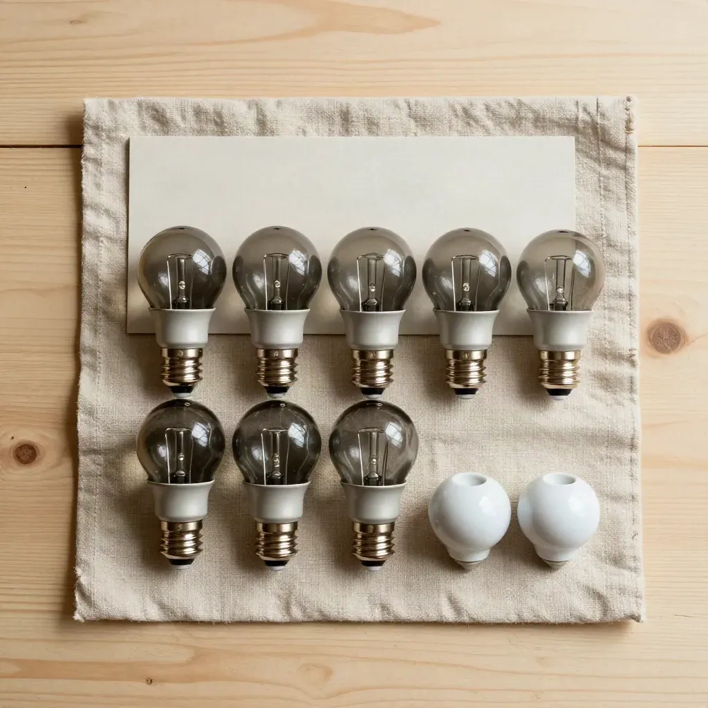 Lampadine LED E27 fumé allineate su lino grezzo con portalampada e cartone neutro