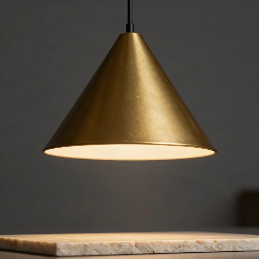Sospensione conica oro satinato su pietra chiara e sfondo grafite, luce drammatica.