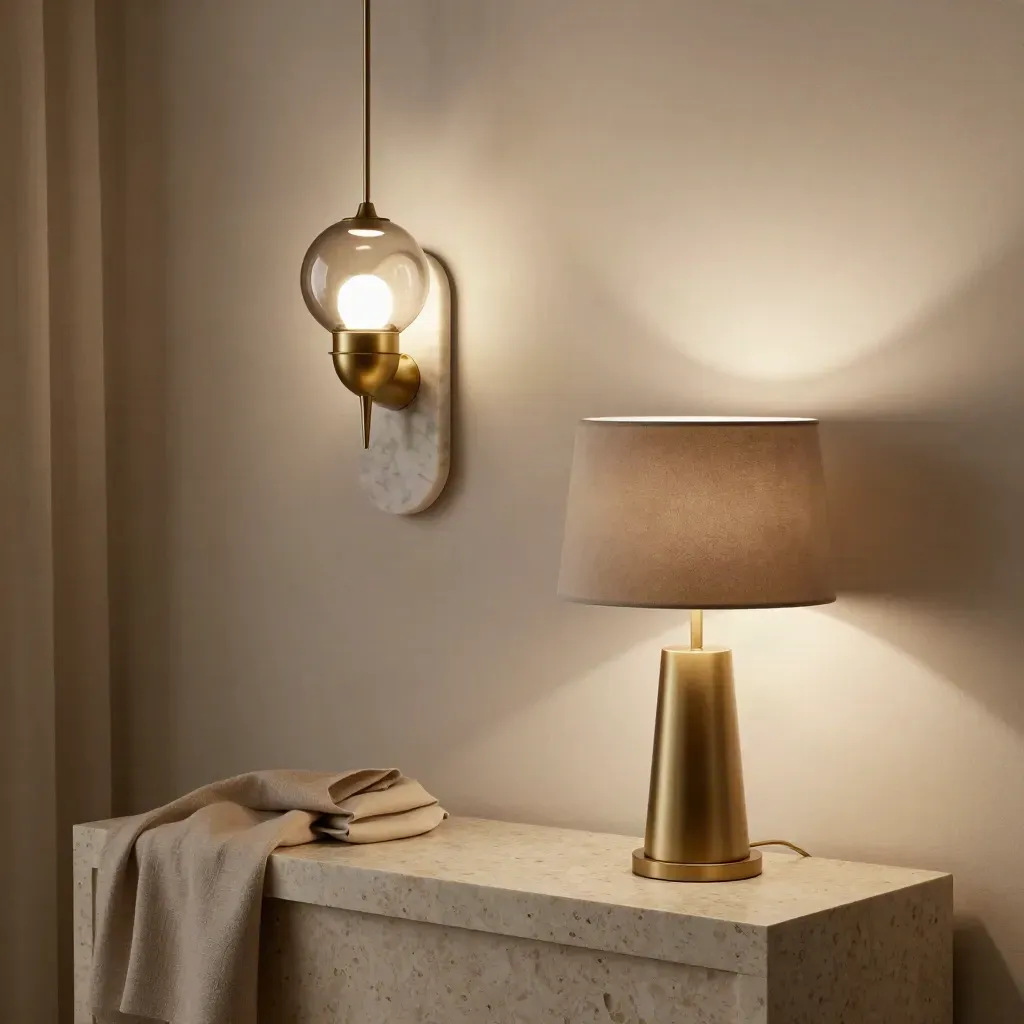 Tre lampade coordinate oro satinato su marmo chiaro e velluto sabbia, luce calda e riflessi morbidi.