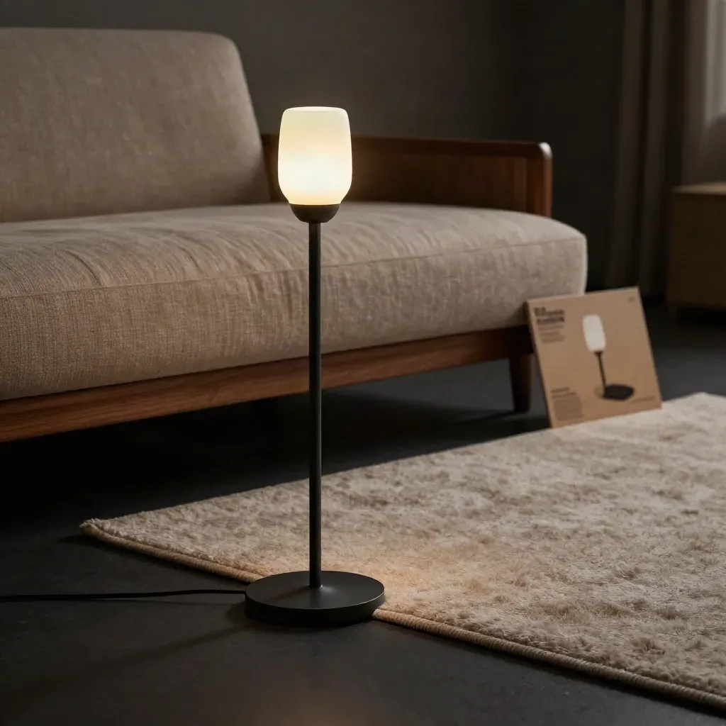 Lampada da terra moderna accanto a chaise longue e tappeto, luce drammatica e calda.