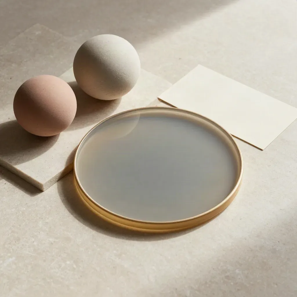 Plafoniera circolare in vetro opale su pietra chiara con sfere ceramiche e vetro fumé