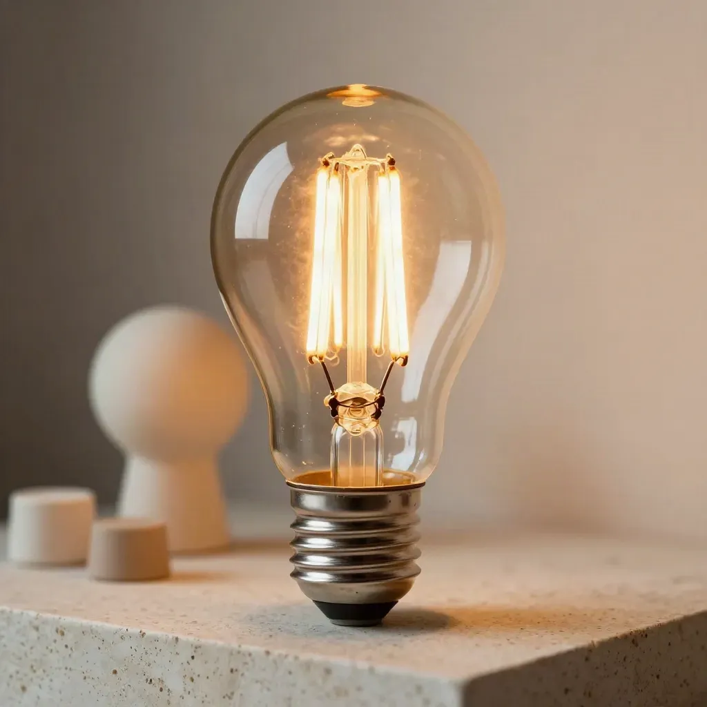 Lampadina LED filamento accesa su base chiara, con un secondo bulbo sfocato e supporti ceramici.