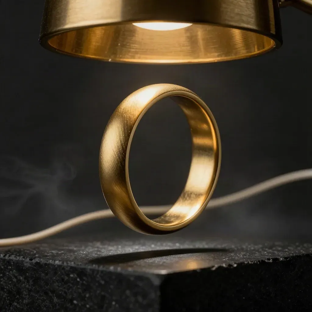 Sospensione ad anello dorato in ottone satinato, su fondo nero drammatico con riflessi e luce radente.