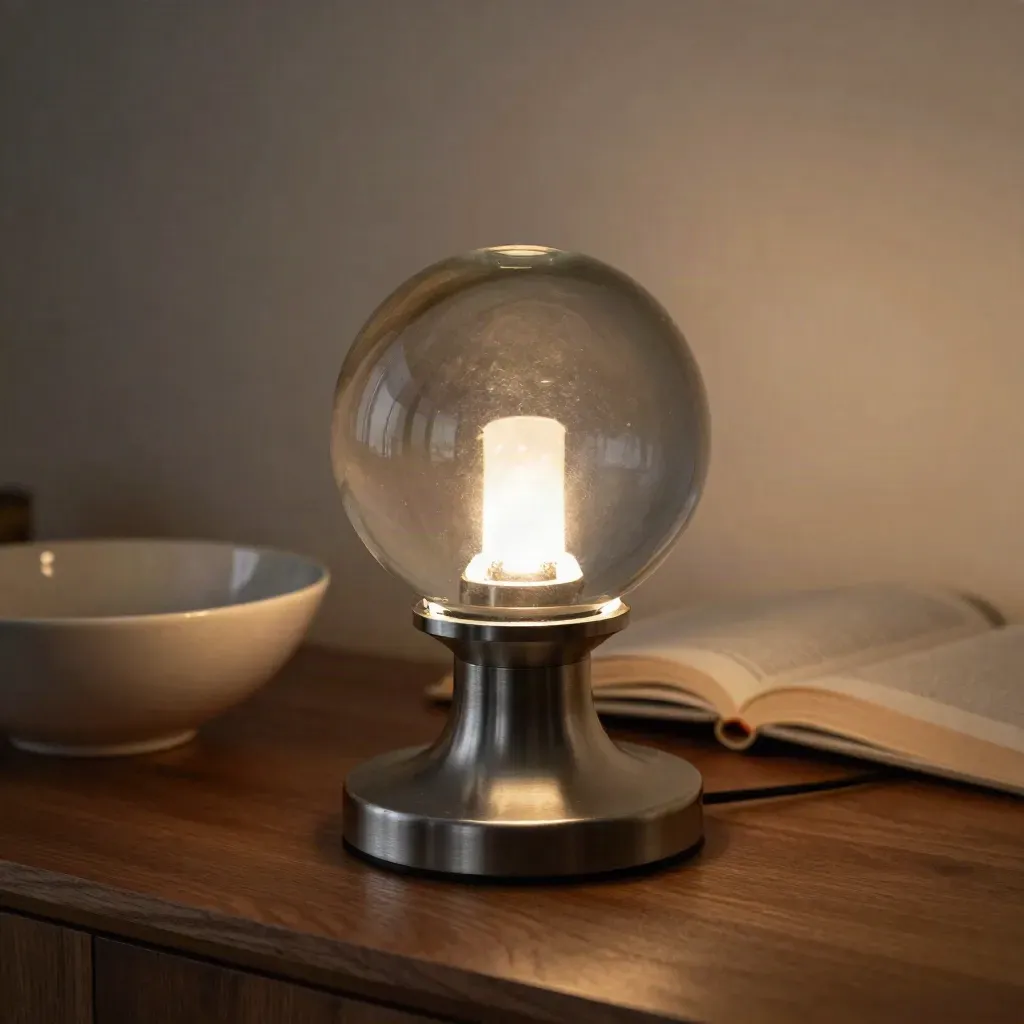 Lampada da tavolo in vetro fumé su console in noce con ciotola in ceramica e libro chiuso.