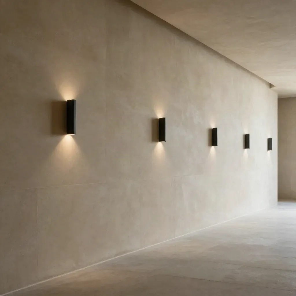 Corridioio in pietra chiara con applique lineari e nicchie morbide, luce radente e spazio per testo.