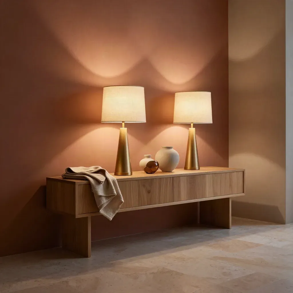 Salotto luminoso con due lampade da tavolo su console in legno e parete morbida al tramonto.